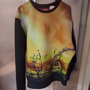 Decibel Men's 2XL Scuba Fabric Surreal Landscape Black and Yellow Graphic Shirt